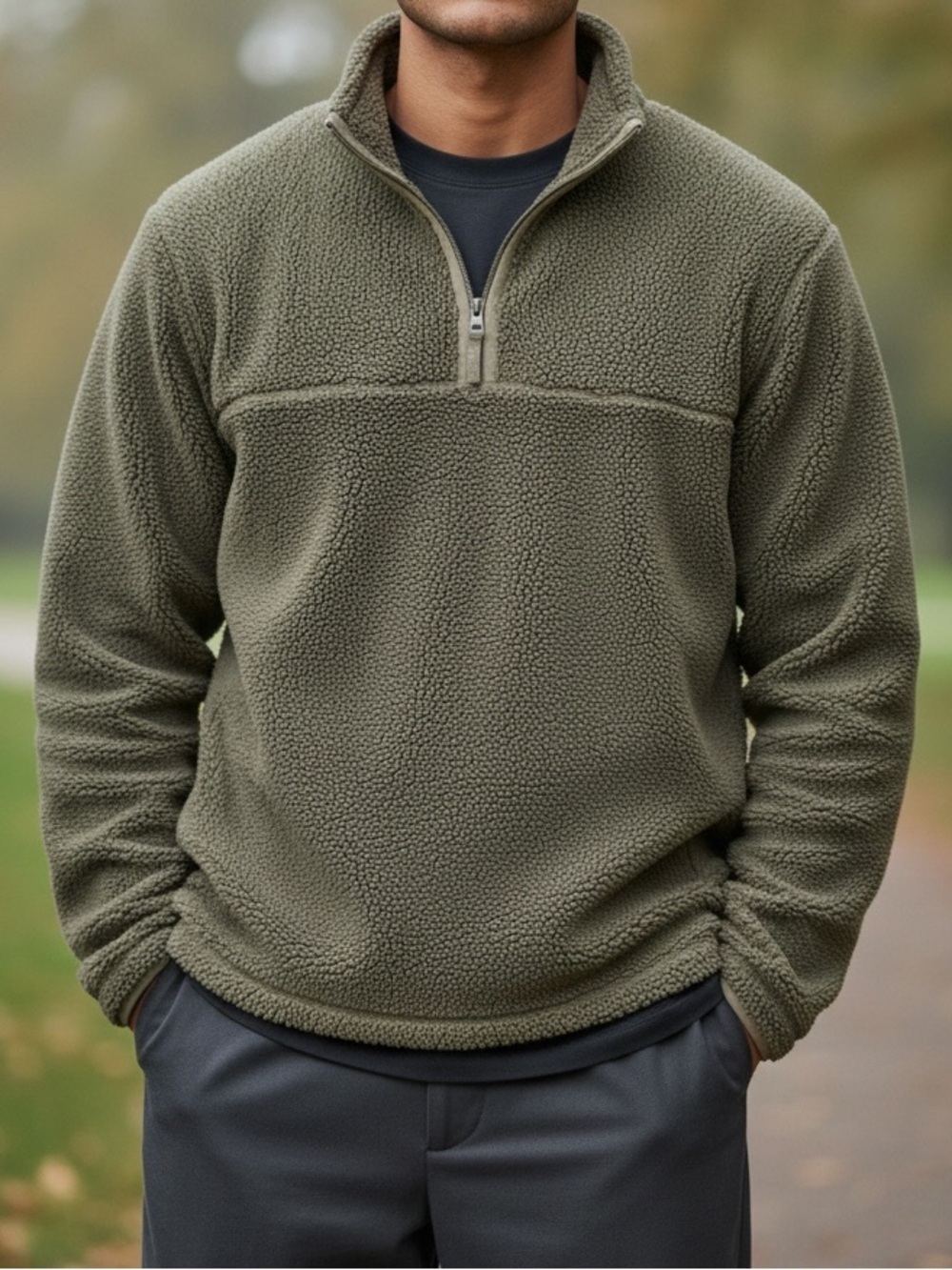 GAP Men's Olive Green Quarter-Zip Sherpa Fleece Pullover